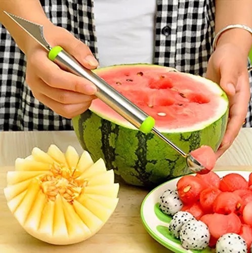 Melon Baller Fruit - Melon Baller Fruit Carving Knife Fruit Slicer 2 in 1 Multi function Home Kitchen Tools for DIY Fruit Salads, Garnishes and Desserts, Cake, Ice Cream Scooper. Enjoy the DIY process, it is the best assistance for creating beautiful DIY Plate.This sharp tool is double ended for cutting and making perfect balls of Melon, Papaya, Mango, Dragon Fruit or others. The end for carving can cut out the beautiful carved jagged lines.