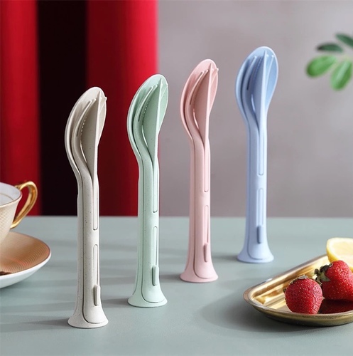 Dinnerware Sets Fork - 3 in 1 Cutlery Set Wheat StrawDinnerware Sets Fork Spoon Knife SetUtensil Travel Eco-Friendly PortableTableware For Kitchen