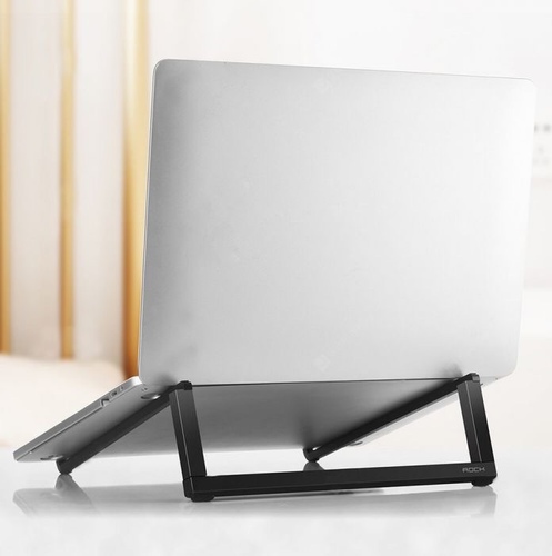 roch prtable laptop stand - 1. Made of all-metal material covered with eco-friendly silicone non-slip pad.2. Ultra-thin mini folded structure enables it easily to be put into the pocket.3. Ergonomic design provides better user experience.4. Hollowed heat dissipation. Model No. RPH0794Size 234*240*76mmColor Silver, BlackMaterial Metal + Silicone