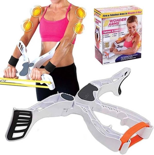 Wonder arms - In just minutes-a-day your arms can be toned and firm .
Tighten up triceps to lose those flabby arms .
Unique dynamic resistance movement
Removes the strain from wrists, elbows and back .
3 resistance bands for all fitness levels .