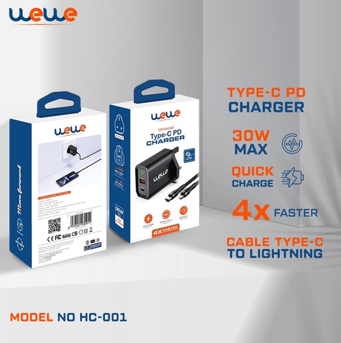 Wewe home charge 30W with cable - Model : wewe-30WPDQCUK• INPUT: 100-240V~ 50-60Hz 0.8A• Output power: 30W(Total)• USB-C:5V/3A, 9V/3A, 12V/2.5A, 15V/2A, 20V/1.5A, PPS:3.3V-11V/3A• USB-A: 3.6-6V/3A, 6-9V/2A, 9-12V/1.5A• USB-C+USB-A:5V/3.4A(Max)* 18 month warranty