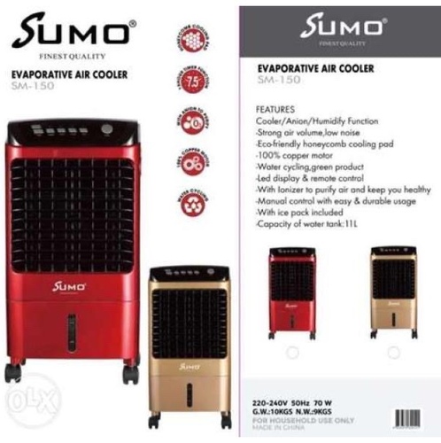 sumo air cooler sm-150 - Cooler/humidity functionSTRONG AIR VOLUME LOW NOISEHONEY COMB COOLING PAD100% COPPER MOTORWATER CYCLING LED DISPLAY AND REMOTE CONTROLWITH IONIZER TO PURIFY AIRWITH ICE PACK 220-240V