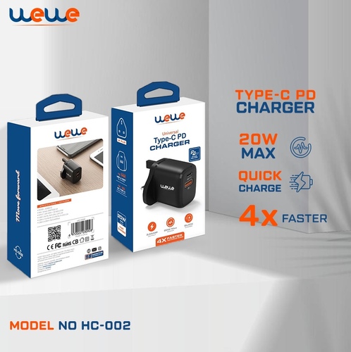 Wewe home charge 20w - Model: wewe-20WPDQCUK• INPUT:100-240V~50-60Hz 0.5A• USB-C:5V/3A, 9V/2.25A, 12V/1.5A• USB-A: 3.6-6V/3A, 6.5-9V/2A, 9-12V/1.5A• USB-C+USB-A:5V/3.4A(Max)* 18 month warranty