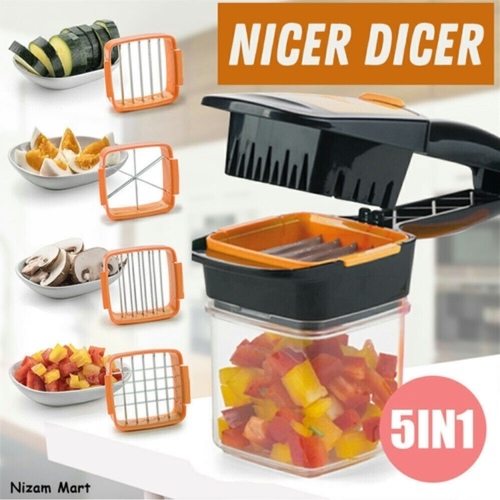 nicer slicer quick - This set includes:

Nicer Dicer Quick A34099 7-Piece Set Orange
1 x Nicer Dicer Quick
3 x knife inserts.
1 x blind frame.
1 x collection container (capacity: 200 ml).
1 x food storage lid.
Nicer Dicer Quick Collection Container Set of 4 Orange (A34130)
2 x collection containers (capacity: 200 ml).
2 x storage lids.
Nicer Dicer Chef S 8-Piece Set
1 x cutting top.
1 x cutting base.
1 x collection container (capacity: 2100 ml).
1 x knife insert 12 x 12 mm.
1 x knife insert 24 x 24 mm.
1 x Tomato Vegetable Cutter (9mm)
1 x Tomato Vegetable Cutter Stamp (9mm)
1 x recipe booklet.
With this set you get the practical Nicer Dicer Quick for quick cutting in hand format and the versatile Nicer Dicer Chef S for cutting results at restaurant level.