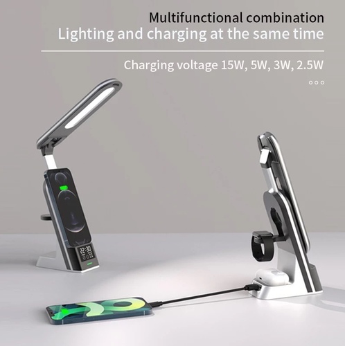 wireless charger 7in1 - Lumi-Mini - 7 in 1 Multifunctional LED Desk Lamp with wireless charger - BlackPRE-ORDER EXCLUSIVE DEAL ($50% OFF 2nd Item) Features: Foldable LED Desk Lamp with multiple color modes and brightness levels 10W wireless charger (adjustable charger surface) for your compatible wireless devices such as iPhone, Android & Airpods Charge a second phone with a USB connector Dimmable lights (white & Yellow) Clock Display, date time, temperature and alarm Charge your phones vertically and Horizontally on the wireless charging pad. Wireless charge Airpods or any wireless…lumichargeIILumiCharge