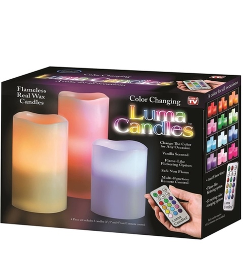 Luma candless - Luma Candles Real Wax Flameless Candles give you twelve illuminating color options. The multi-function remote included with your Luma Candles gives you the power to change the mood and atmosphere of any room you're in. Each LED candle requires 3 AAA batteries (not included)