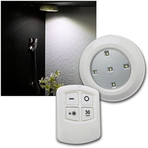 multi function led light set - Ideal for power outages and poorly lit areas, Features of this remote control 4-piece ultra-bright multi-function LED light set, compact round lights with intensity control, a 30-minute timer and a convenient remote control. Simply push the use lights to operate or remote control. Set includes 3 LED lights with self-adhesive stickers and a remote control. Lights measure approximately 3,875 in diameter. Each LED light is powered by 3 AA batteries and the remote is powered by 2 AAA batteries (not included). It comes packaged in a blister pack. 2 - Please note this item may come in multi-color or multi-color style.