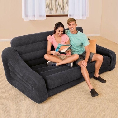 intex double chair - Built for versatility, the Intex Pull-Out Sofa is designed for relaxing just about anywhere, whether you are camping or at home. Watch TV, read a book, or just relax with a friend and then pull out the cushion into a queen size air mattress when you are ready to go to sleep. Inflates and is ready to go in minutes! The Pull-Out sofa is constructed with high quality vinyl and engineered to seat or sleep two people. It also features two quick inflation and deflation valves for maximum convenience. Does not include a pump.