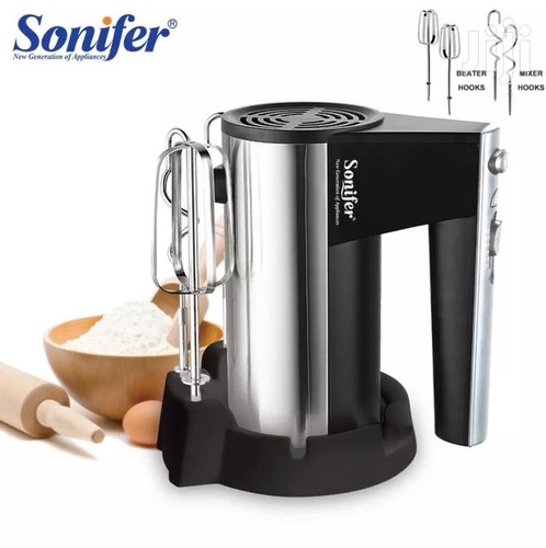 sonifer hand mixer 5 speeds - ◼ Power: 300W
◼ 5 speed with turbo
◼ Voltage: 220V-240 Volt
◼ Frequency: 50-60Hz
◼ Material: Stainless steel 
◼ Weight: 1000g
◼ Model Number: SF7002