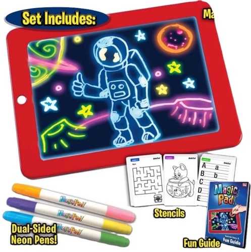 magic ipad - Magic Pad | Light Up LED Board | Draw, Sketch, Create, Doodle, Art, Write, Learning Tablet | Includes 3 Dual Side Markets, 30 Stencils and 8 Colorful Effects, As Seen on TVUnique, Crystal Clear Screen – Trace Your Favorite DesignsPress the Button to Make Your Art Glow Super Bright`Makes Learning Fun – Great for Spelling, Math & Reading. Great at Home and for Travel – Portable Design