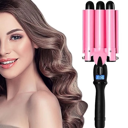 jundeli hair curler - Hair Curling Iron Curling Wands Hair Curler Tourmaline Ceramic Hair Crimper Long Hair 3 Barrel Waver Instant Heat Hot Curler Deep Waver for Home/Travel/Salon Curlers with Temperature Control, 25mm