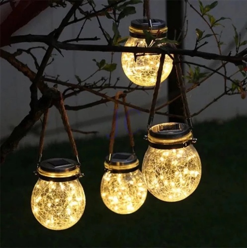 solar glass decoration light - Battery:1.2V  600M AHWaterproof: yesMaterial: glass+stainless steelCharging time:6-8hWorking time:8-10hLight control:lit Automatically at nightBottle Size: about 12.5 x 14.5cm