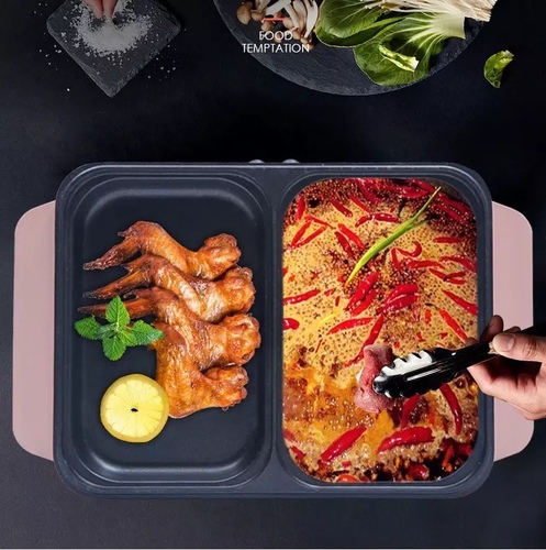 electric hot pot - -Voltage: 220V Function Stew
-Material: aluminum alloy, ABS
-Output power: first gear: 700W,
-Second gear: 1400W
-Control way: 2-gear independent temperature control Switch
-Double Switch Functions Hot pot cooking, stew, stir-fry,roasting, fry Suit for people: 1-3 person
-Size : 36*22*9cm

Features:
-Multi-function grill, both hot pot and grill
-Independent prevention and control double tripping design
-Zone heating, independent temperature control
-Environmentally friendly non-stick liner, easy to clean
-Fast thermal conductivity and long life