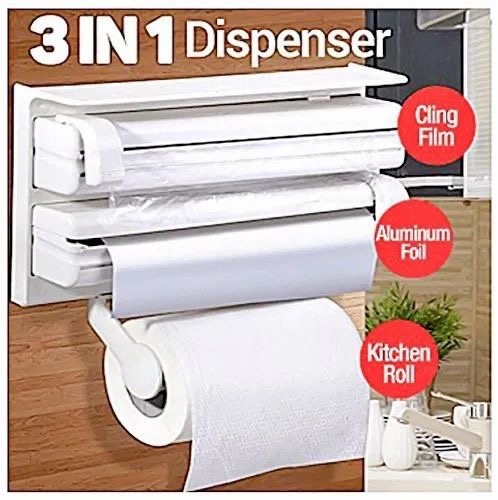 triple paper dispenser - Paper TypeFoil Cling Film Tissue Paper Roll HolderMaterialPlastickColorWhiteMounting TypeWall MountedDimension/Size38x18x24(CM)BrandNo BrandUsage/ApplicationTRIPLE PAPER DISPENSER