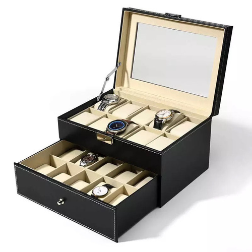 Watch storage box - Slim and cute size, portable and practicalMade of high-grade material and with exquisite craftsmanship, durable and stylishDivided into20 compartments for well recognizing your messy watchesKeep watches in order and prevent them from missingOpening style, easy for operationCompact size won't occupy much spaceSpecifications:Color: BlackMaterial: PU Leather (Surface) Wood   Pearl Fleece Lining (Inside)3. Dimensions: (11.02 x 7.87 x 6.50)