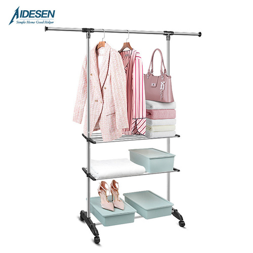 Stainless steel clothes pole 3 shelf - Stainless steel  tubing and easily moveableCan be easily disassembled when not in useHeight of three shelves are customizable to accommodate varying heights for storageAdjustable width to additional garmentsEasily able to move from room to roomSize: 80cm * 42cm * 155cm