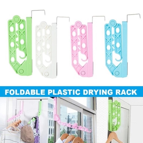 FOLDABLE PLASTIC DRYING RACK - A Great Organiser: Space is always at a premium and this collapsible hanger holder with over the door hooks helps keep you organized on the fly.Space Saving: This hanger can greatly save your wardrobe space with 6 holes. Portable clothes hanging system, single action open and close, helps save space and keeps your wardrobe organized.Create More Space: There's a lot of stuff in the closet that's inconvenient to take in and out, but it's actually just can be hung right behind the door, you need this folding door rear hanger now to help you make use of the space behind the door.Foldable Design: Double folding design and hanging design allow it to be hung on the back of the door to save space. And when not in use, simply collapse the hanger and you won't even notice it is there until you need it again.Multi-functional Holder: Use in the laundry room to dry clothes or place in a guest room for added closet space. Folds and disassembles easily to store when not in use. It is great for keeping shirts, pants, and blouses organized and wrinkle-free while