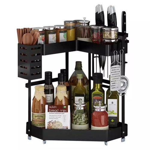 kitchen triangle seasoning storage rack 2 shelf - Standing Spice SeasoningRack 2 tiers Countertop under sinkmultifunction Jars Bottles Cans StorageOrganizer hooks