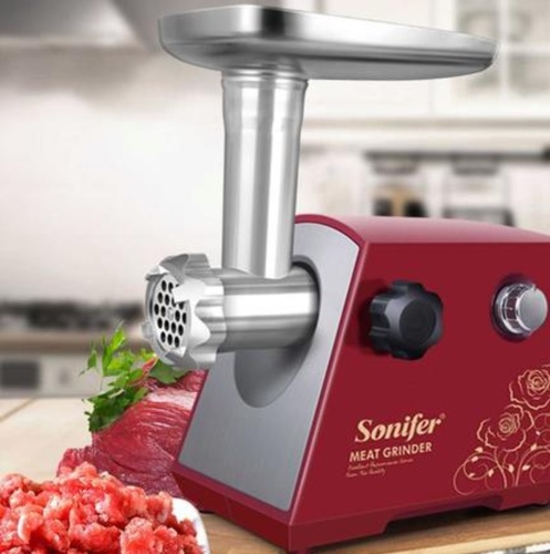 sonifer meat grinder sf-5002 - Power:  220-240V,50/60Hz,1200WCharacteristics:+Various cutting platesCoarse cutting plate Medium cutting plate Fine cutting plate+7630 copper(100%)motor+Durable metal gear box and joint+Two pcs high quality stainless steel cutting blade Reverse function+Stainless steel housing and electroplated switch+3 PCS metal discs: 5.0 mm(medium)+fan hole +7.0mm(coarse)+fan hole+Aluminum meat grinder filling pan