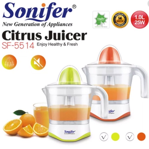 Sonifer Electric Citrus juicer SF-5513 - Power:  AC 220-240V 50/60Hz 25WCharacteristics:+.Capacity:0.75L  25W+Super low noise .Transparent jar+Two-direction twist .Whit 1 press cone+Detachable parts for easy+Helical cone makes perfect effect of juicing