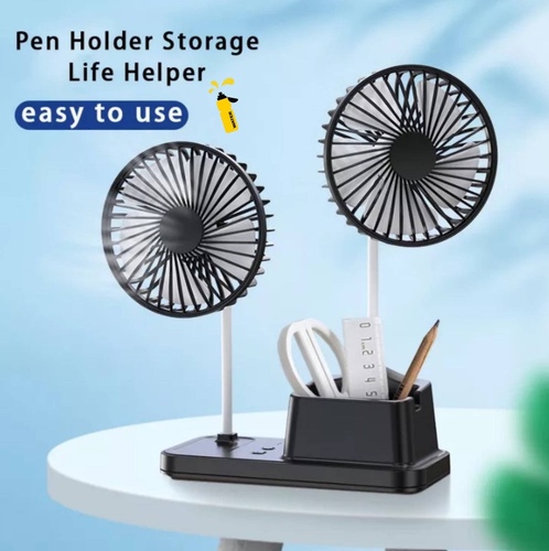 desktop pen holder dual fan - -Practical Function
-Cool and comfortable
-Suitable for office, home and car

-Double head fan can adjust direction, cool with each other.
-3-speed double head fan can adjust wind power, quiet and noise free.
-Convenient delivery of double-sided fixed film to eliminate hear in