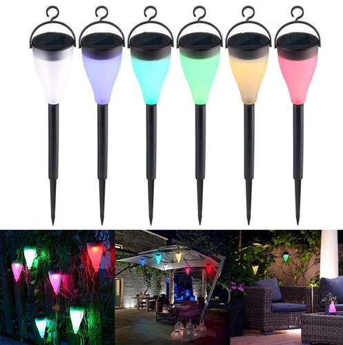 Multicolor garden light 6pcs - Solar garden lights waterproof   Multi-color to meet your different lighting needs.   Easy and versatile installation.  3 ways to install solar light: Insert the pillar lamp into the ground, and hang it in the garden   Works as a flashlight or makes LED lights sit on the floor or table as a mood lamp.   Light sensor, built-in light sensor makes the garden light turn on automatically at night and turn off at dawn, environmentally friendly   friendly.   Practical and ideal for indoor and outdoor decoration.  Perfect for home, porch, fence, driveway, and Christmas tree decoration.   Specifications:   plastic material   Black Color   Size: 42x7cm (L*W)   Light source: LED   Light color: white + colorful light   Voltage: 2V   Power: 0.01W   Battery: Built-in rechargeable lithium battery   Working time: about 10 hours   Charging time: 3-5 hours   Protection degree: IP65