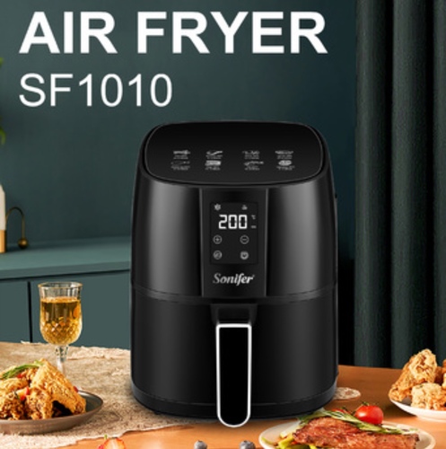 sonifer air fryer sf-1010 - SF-1010Power (W):1400WShape:SquareVoltage (V):220VAfter-sales Service Provided:Free spare partsWarranty:1 YearType:Home FryerMaterial:PlasticFunction:Non-Stick Cooking SurfaceCertification:ceApplication:HouseholdPower Source:ElectricProduct name:Air FryerCapacity:4.2LColor:BlackModel no:SF-1010Usage:Healty Air FryerControl:Digital Touch DisplayMOQ:40PCSPacking:16.75*8.5*18.38Accessories:Frying Basket