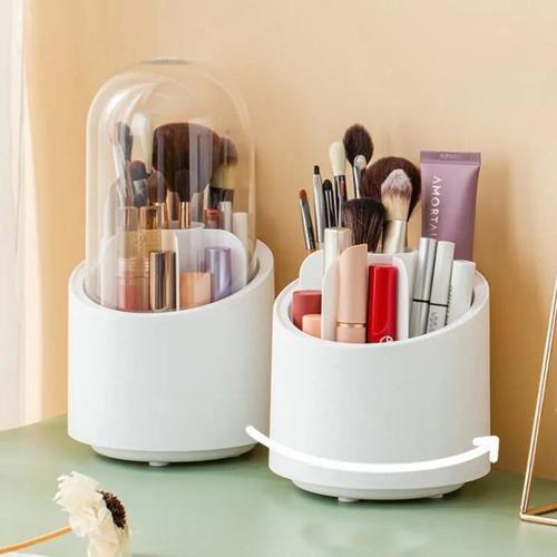 Rotating cosmetic brush organizer with lid