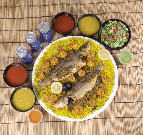 Seabass VIP tray 2/3 person - 2seabass motabbak with shrimp, 2 soups, 1 salad, 3 pepsi