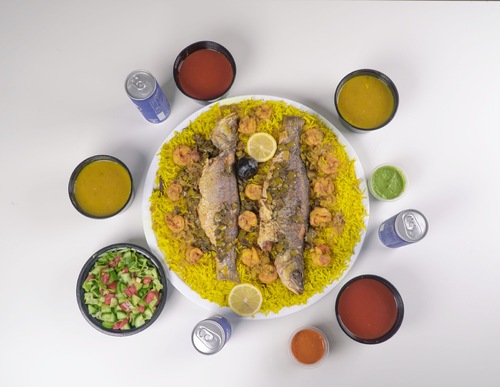 Umm Al 3ish - Seabass VIP tray 2/3 person - 2seabass motabbak with shrimp, 2 soups, 1 salad, 3 pepsi