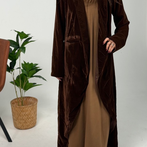CHOCOLATE SUEDE VELVET SET - Set of 2 pc : suede sleeves dress & velvet bisht , length 56 inch , free size