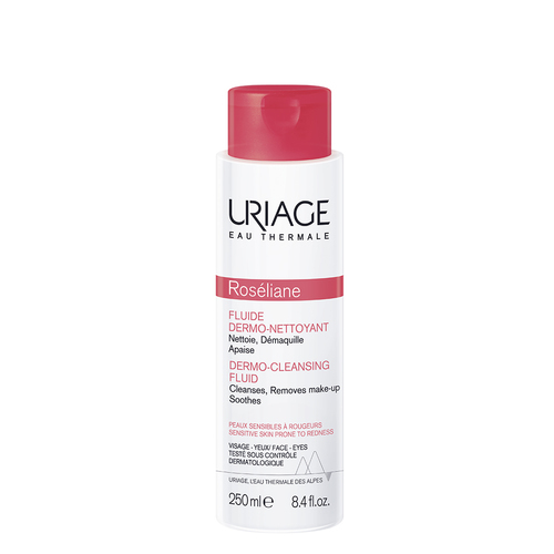 ROSELIANE FLUIDE 250ml - Uriage Roséliane Cleansing Fluid for sensitive or rosacea-prone skin Indications for use:Deeply cleanses the skin of impurities and dirt. Soothes redness, sensitivity, and irritation. Gently removes makeup without causing sensitivity. Refreshes and calms the skin thanks to the synergistic action of various plant extracts.How to use:Apply to a cotton pad and wipe over the skin to achieve a clean surface without the need for water.
