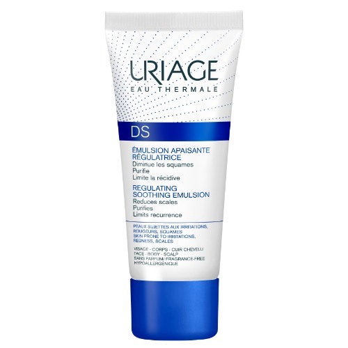 D.S. EMULSION - Uriage DS Emulsion is a creamy emulsion for the face and body, suitable for sensitive skin and seborrheic eczema.

Indications for use:
Reduces skin irritation and flakiness.
Treats facial redness (such as around the nose, eyebrows, hairline, and body).
Restores skin structure and soothes discomfort.
Moisturizes the skin and maintains its vitality.
Cleanses and purifies the skin from microbes causing irritation.

How to use:
Apply once or twice daily after cleansing the skin.