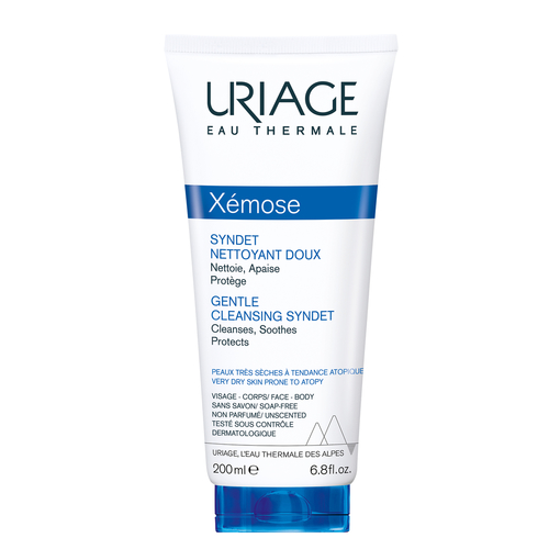 XEMOSE CLEANSING GEL 200ml - Uriage Exomus Cleansing Syndet for eczema-prone skin - Body wash Indications for use:Cleanses, moisturizes, and soothes to alleviate dryness and itching. Helps enhance the skin barrier. Gently cleanses while thermal water technology improves the skin's natural moisture.How to use:Apply to damp skin and massage until it lathers, then rinse with water. Gently dry your skin, avoiding contact with the eyes.Suitable for all ages and safe for infants from 3 months old.