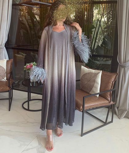 Gray Dress - Plese chiffon cloth, decocted with feathers Length 56
 Please provide us with your size and length details in the note box

Note: All orders on this item are pre-orders and will take 2-7 business days.