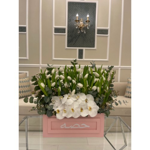 Hesa - Wooden box with a set of beautiful tulips and orchids