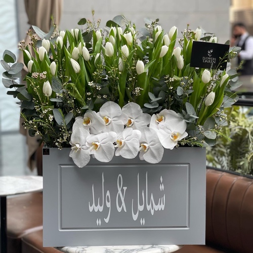 vip tulip - Gray wooden box with elegant tulips and orchids