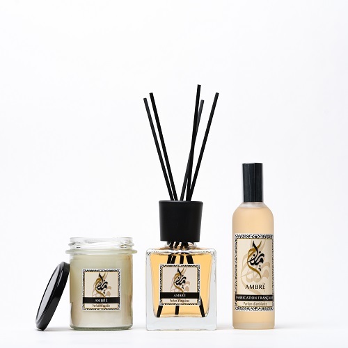 ( Amber Set ( Diffuser 200 ML – Spray 100 ML – Candle 160 GR - Amber - Vanilla -Musk - Patchouli - Bergamot