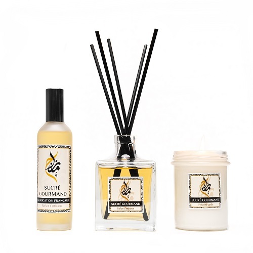 ( Sucre Gourmand Set (Diffuser 200 ML – Spray 100 ML – Candle 160 GR - Oriental-Patchouli-Vanilla-Sandalwood