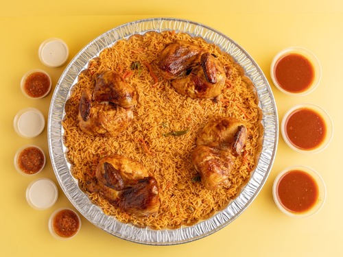 Diwania Meal Boukhari Rice - Diwania meal contains 4 halfs of grilled chicken, Boukhari rice with sauces with salads