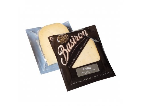 Truffle Basiron Cheese 200 g - Holland - Basiron Truffle is a very creamy cow milk cheese, flavoured subtly with small pieces of delicious black summer truffle. Due to its 6 weeks maturation truffle and cheese are perfectly balanced. Basiron Truffle is excellent to serve as a snack but also very suitable for culinary adventures, for instance grated over any kind of dish.