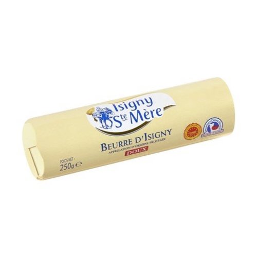 Isigny  Unsalted AOP Butter roll 250 G - Isigny Sainte-Mère butter has been a recognised PDO (formerly AOC, or Appellation d’Origine Contrôlée) in France since 1986. It gets all its flavor from Isigny milk, a “grand cru” of the dairy world and naturally rich in nutriments. Its worldwide reputation for excellence goes back centuries and is the result of traditional know-how, which is actively maintained in the cooperative.Only Isigny’s best creams are selected to be churned into Isigny Butter. These creams acquire all their distinctive aromas and organoleptic qualities during the traditional slow maturation, where the cream “rests” for up to 18 hours, before being churned. As specified in the AOP technical manual, nothing is added or taken away. Isigny AOP butter is naturally rich in iodine, vitamin A and beta carotenoids. It is famous for its golden buttercup colour and its flavour, which has distinctive notes of hazelnut and milk.