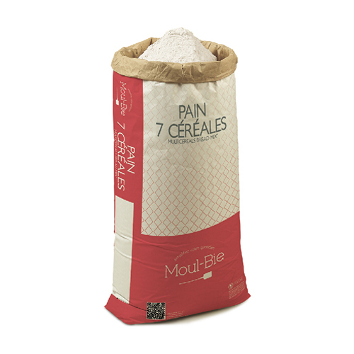 MOUL -BIE 7 CEREALS BREAD 25 KG BAG - Seven cereals flour has a single and particular taste. It is appropriate for people loving intense tastes. A mix of 7 classic cereals that are suitable for bread, pizza, flatbread, but also for cakes. There are: - Oat flour,  source of, proteins and B1 vitamins.
- Barley flour, source of fibers, proteins, vitamins, and mineral salts.
- Rye flour, source of phosphorus, potassium, magnesium, and calcium.
- Spelt flour, source of vitamins, potassium, and magnesium.
- Rice flour, source of starch.
- Corn flour, source of potassium and vitamins.
- Wheat flour, source of fiber, vitamins, and mineral salts.