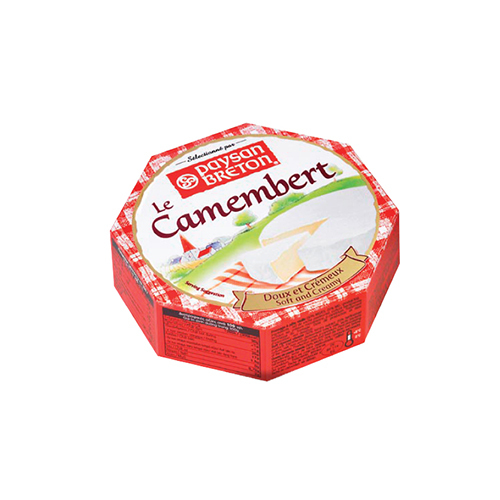 Paysan Breton Camembert 125 G - France - Camembert has a milky and sweet taste and is much more robust and complex than Brie. This French cheese has a chalky white rind and when ripe, an oozing, creamy interior.