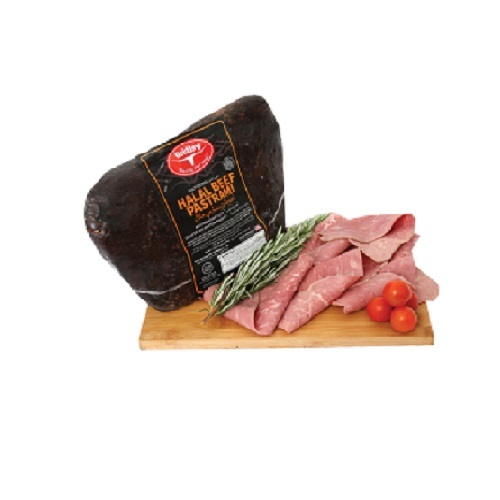 SLICED BEEF PASTRAMI -USA ( 8.5 KD per KG) - Caramel color and natural smoke flavor added. Contains up to 20% of a seasoning solution. Keep refrigerated at all times. Fully cooked.