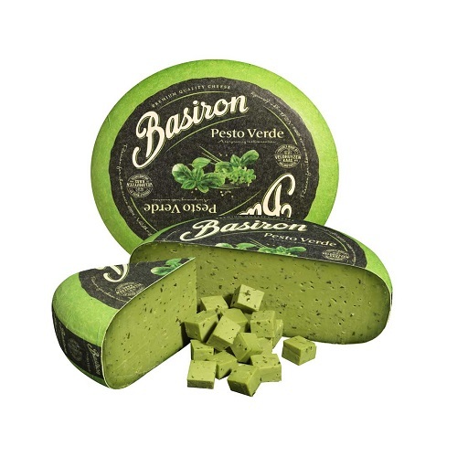 BASIRON PESTO VERDE CHEESE - Holland 250 g - Basiron Pesto Verde is the Original Green Pesto cheese from Holland. This smooth tasting Gouda type of cheese from The Netherlands is a very unique looking and tasting cheese. The colour is not standard yellow, but Pesto Verde green!