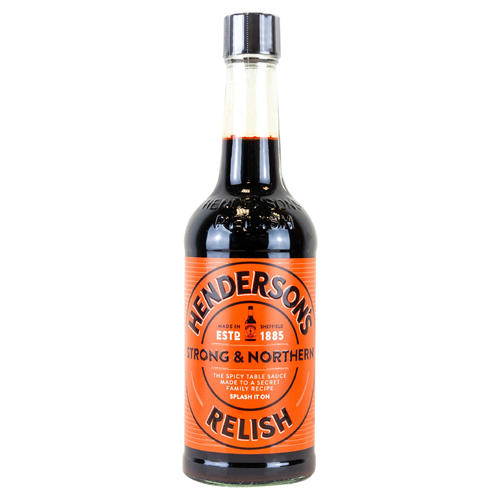 صلصة المائدة الحارة من هندرسون - 284 مل - المملكة المتحدة - Henderson's Relish is a condiment produced in Sheffield in South Yorkshire, England.[1] It is similar in appearance to Worcestershire sauce, but contains no anchovies. It is made of water, sugar and spirit vinegar with a selection of spices and colouring. It is gluten free, suitable for vegans and is approved by the Vegetarian Society.[2]