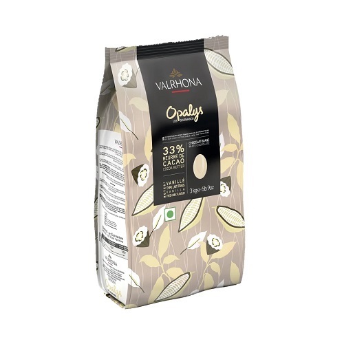 White Chocolate Opalys Bean 33% 3kg - France - Opalys 33% white chocolate beans, Gourmet Creation. Pure cocoa butter Milky and Delicate. Pure white in color chocolate, with a creamy texture and delicately sugared (11% less sugar than Ivoire white chocolate), Opalys reveals harmonious aromas of fresh milk and natural