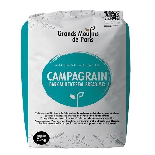 Moul-Bie Campagrain 25 KG Bag - For a bread with a dark crumb, packed with seeds and acidic notes in the aftertaste. It's golden, crunchy crust is sprinkled with poppy seeds. A source of fibre.

85,5?reals (wheat, rye, oats, barley) and 14% seeds (sesame, sunflower, brown linseed, yellow linseed)