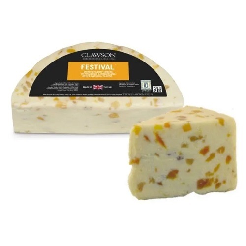 وايت ستيلتون بالمانجو والزنجبيل  250غ - انكلترا - -A blended cheese which incorporates mango and ginger to impart a sweet, savory intense flavor to a a light, fresh, slightly acidic white Stilton cheese.